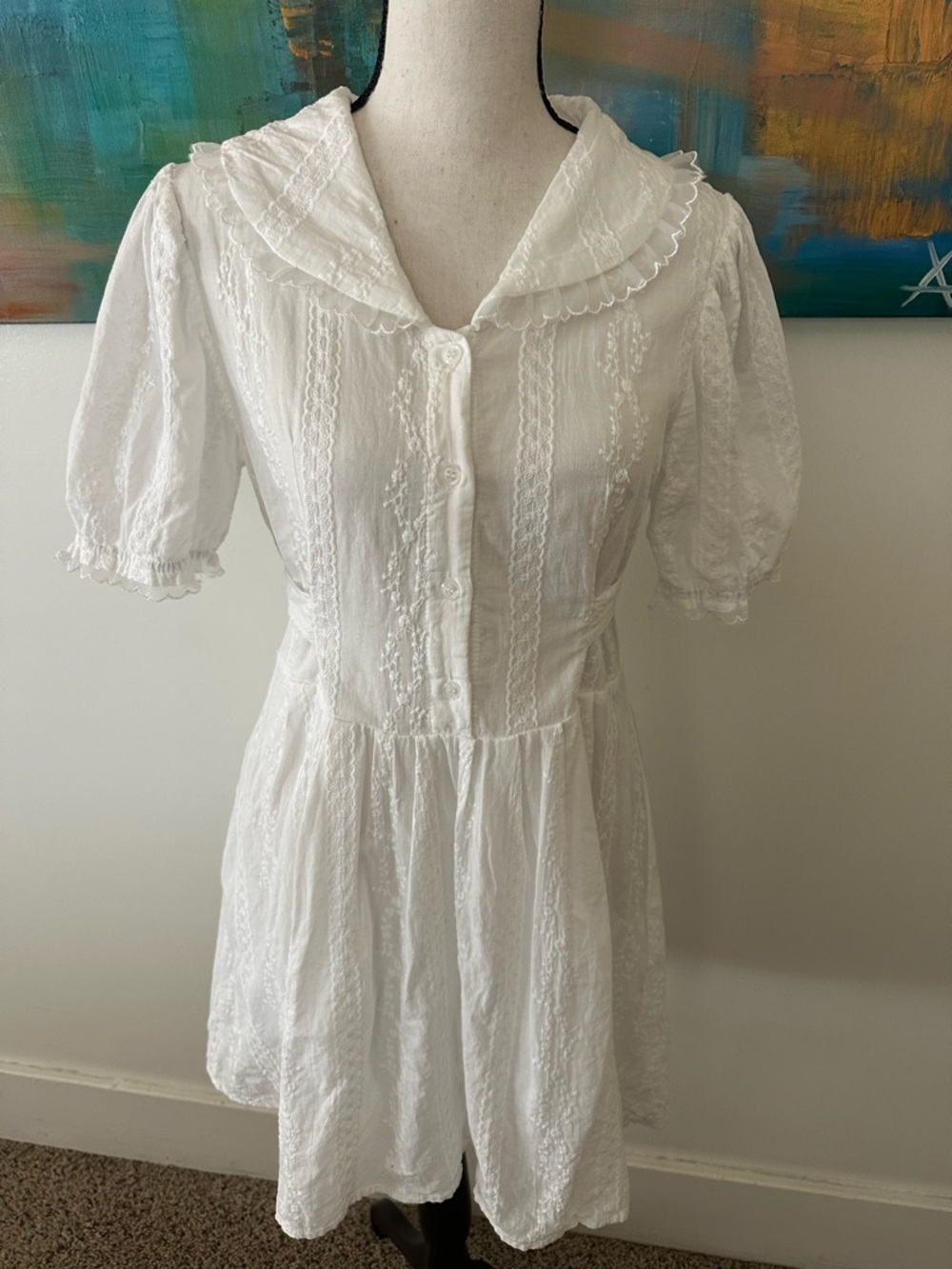 Maje White Embroidered Mini Dress Puff Sleeves Tie Back Button up Size 2